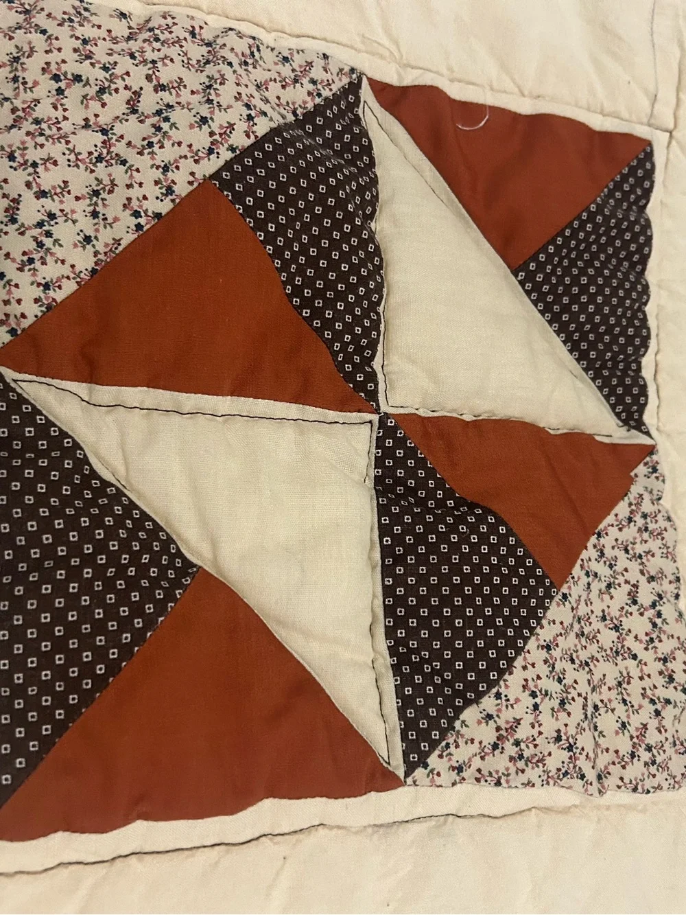Handmade Patchwork Crib Quilt. Cream with Brown, Rust and Mustard Accent